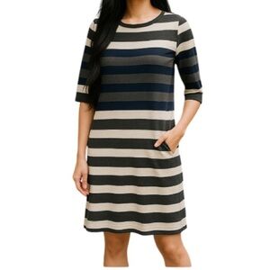 TOMMY HILFIGER Knit Dress Grey Ivory Navy Blue Stripe Boat Neck Preppy Size M